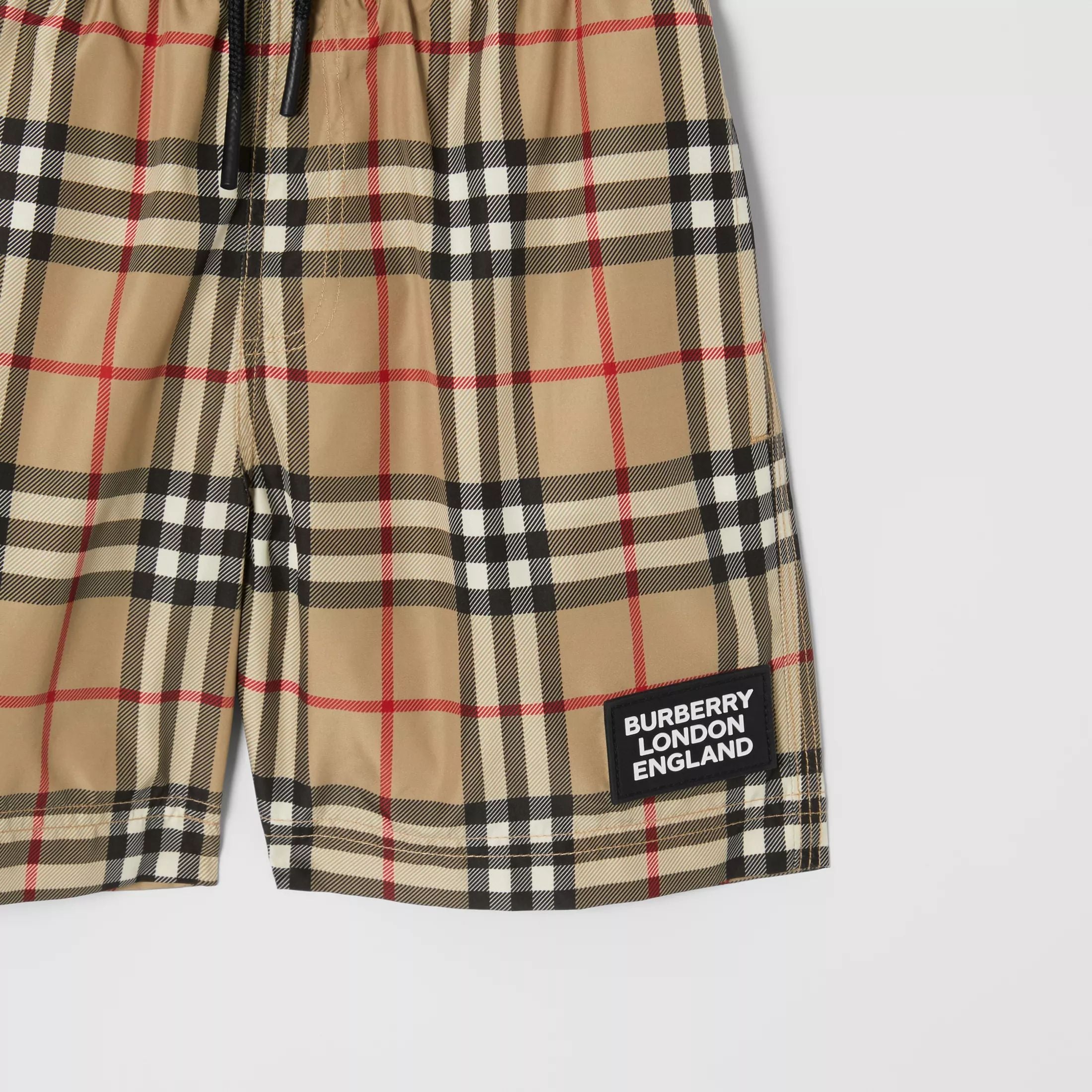 Boys Archive Beige Check Swim Shorts