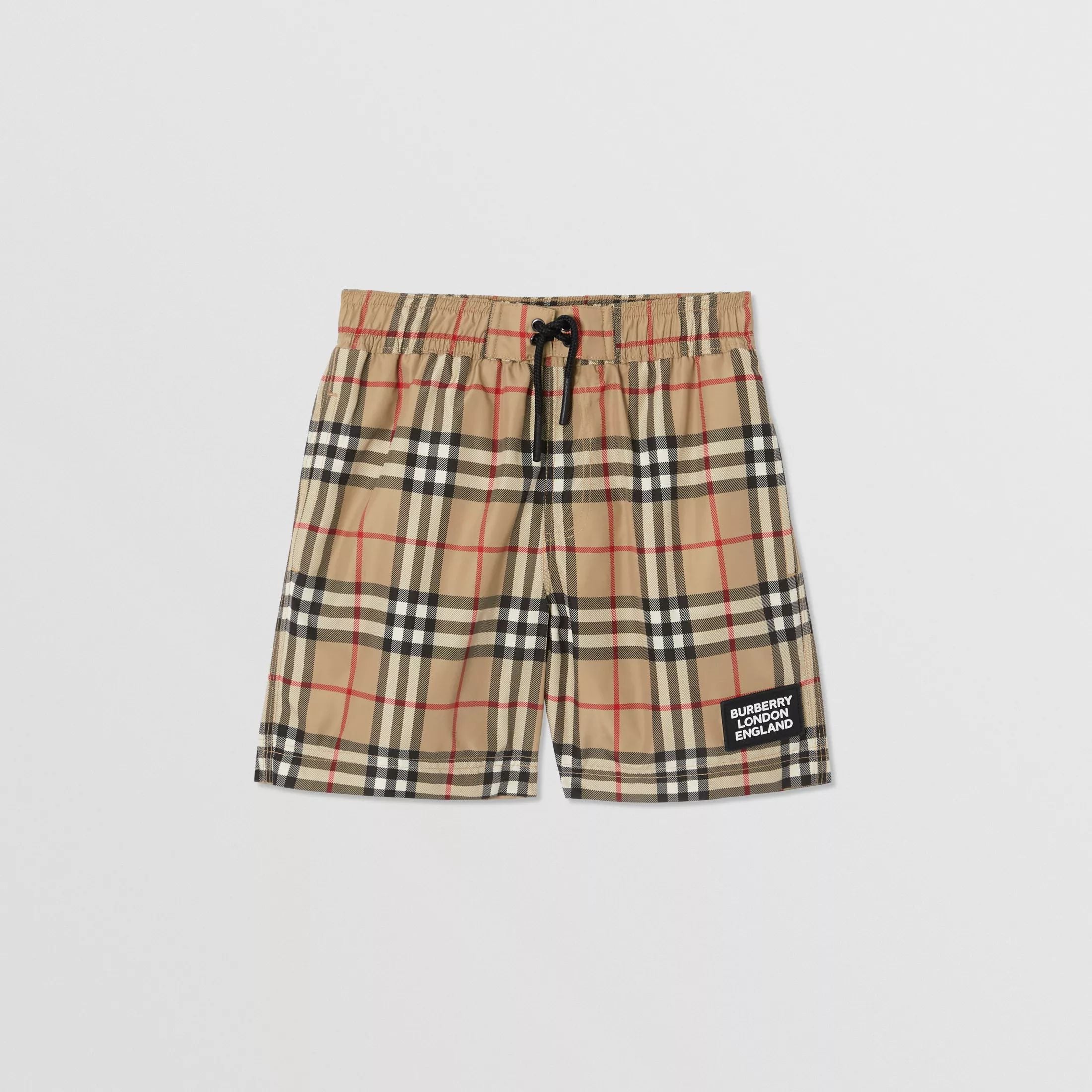 Boys Archive Beige Check Swim Shorts