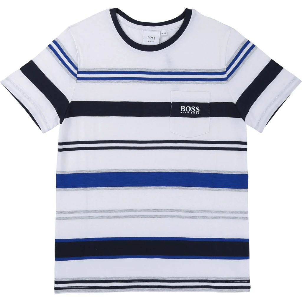 Boys White Striped Cotton T-shirt