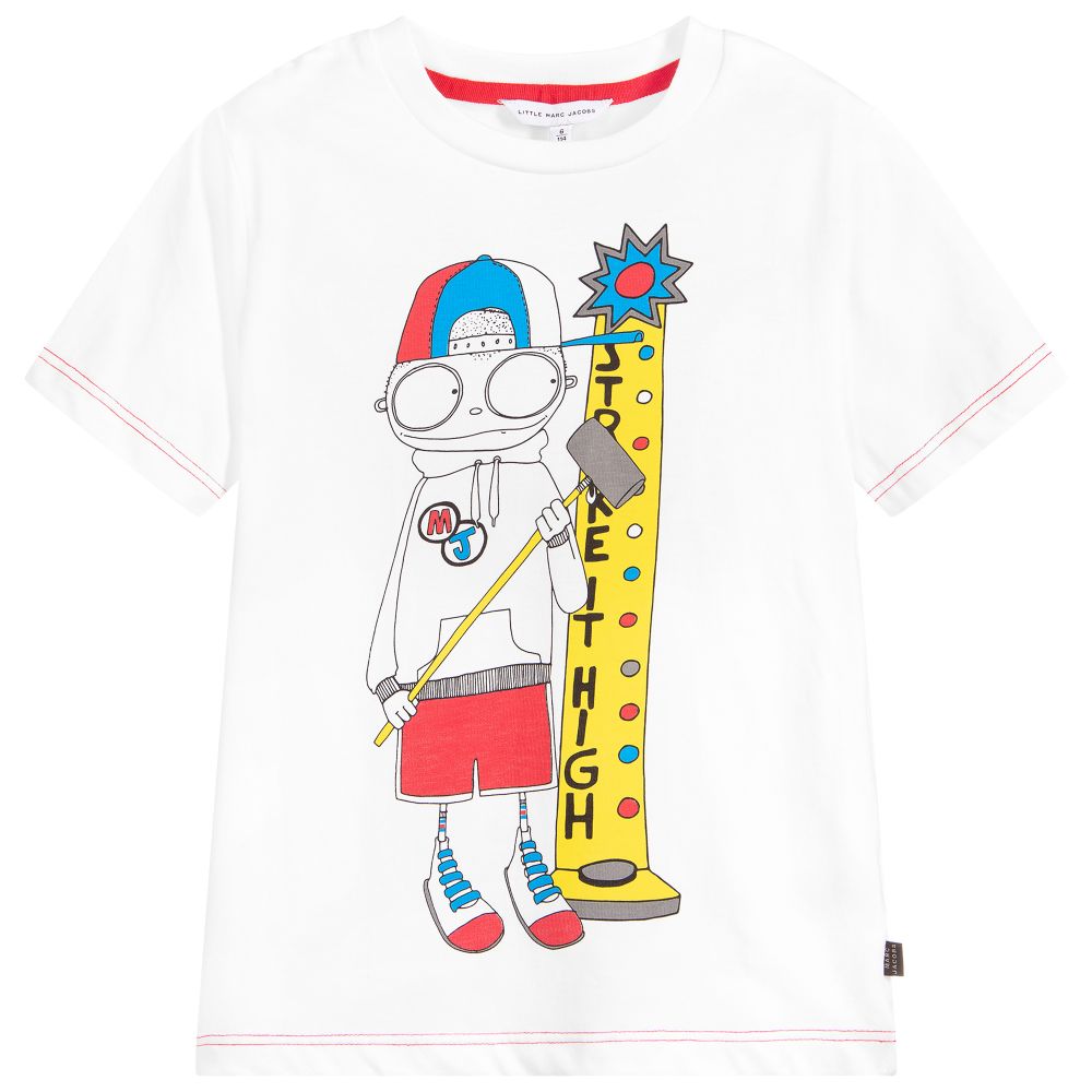 Boys White Pattern Cotton T-shirt