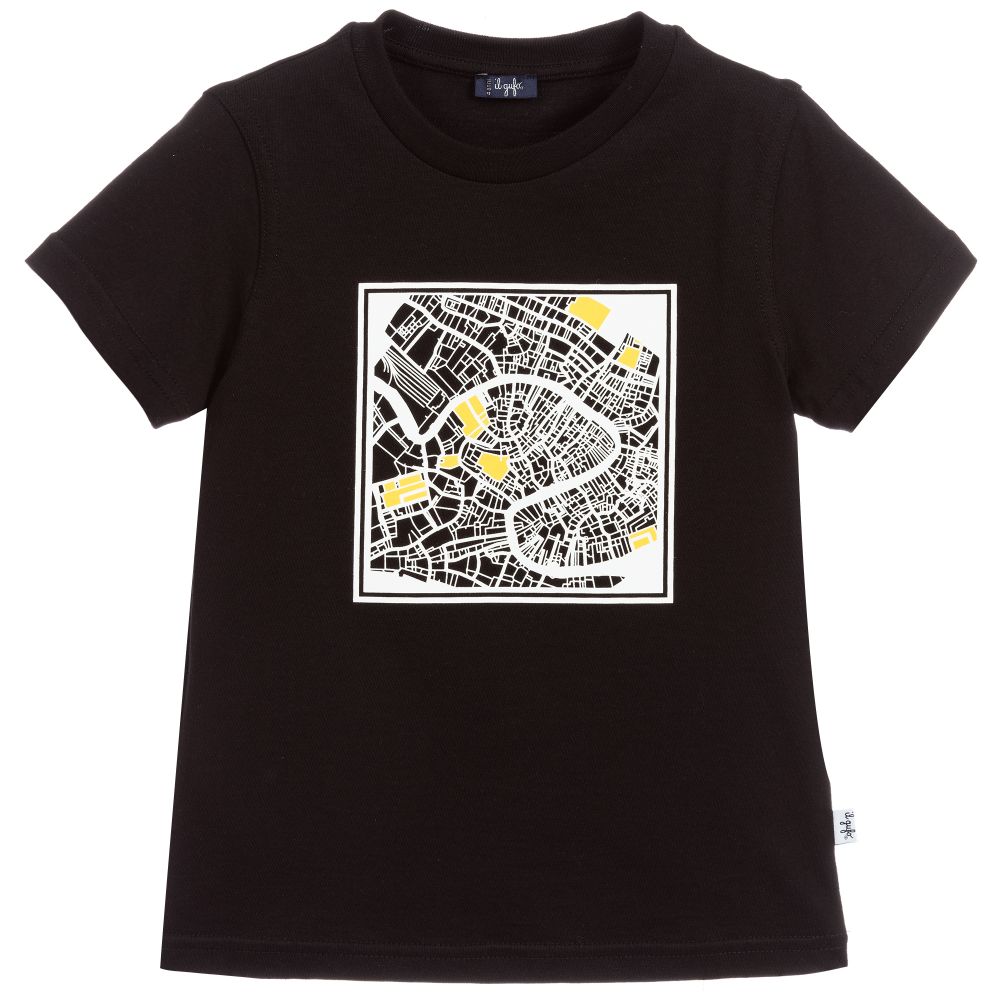 Boys Black Map Cotton T-shirt