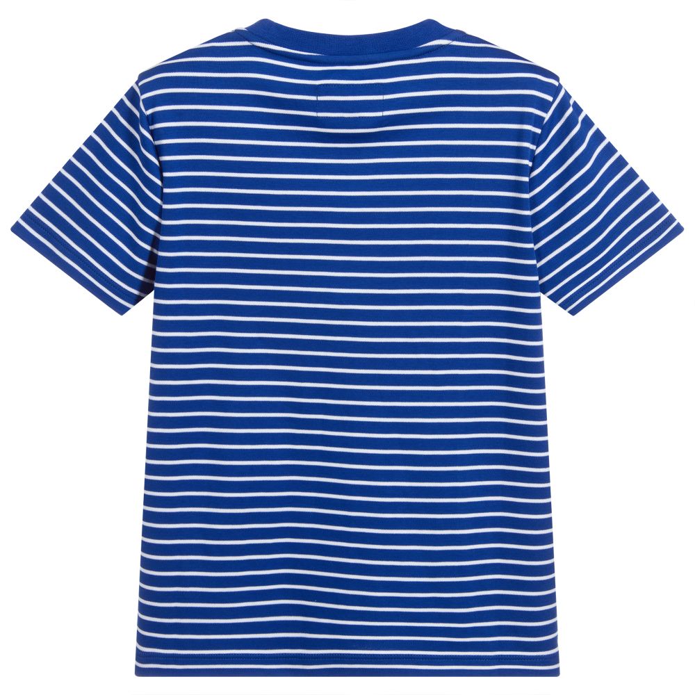 Boys Blue Stripe Logo Cotton T-shirt