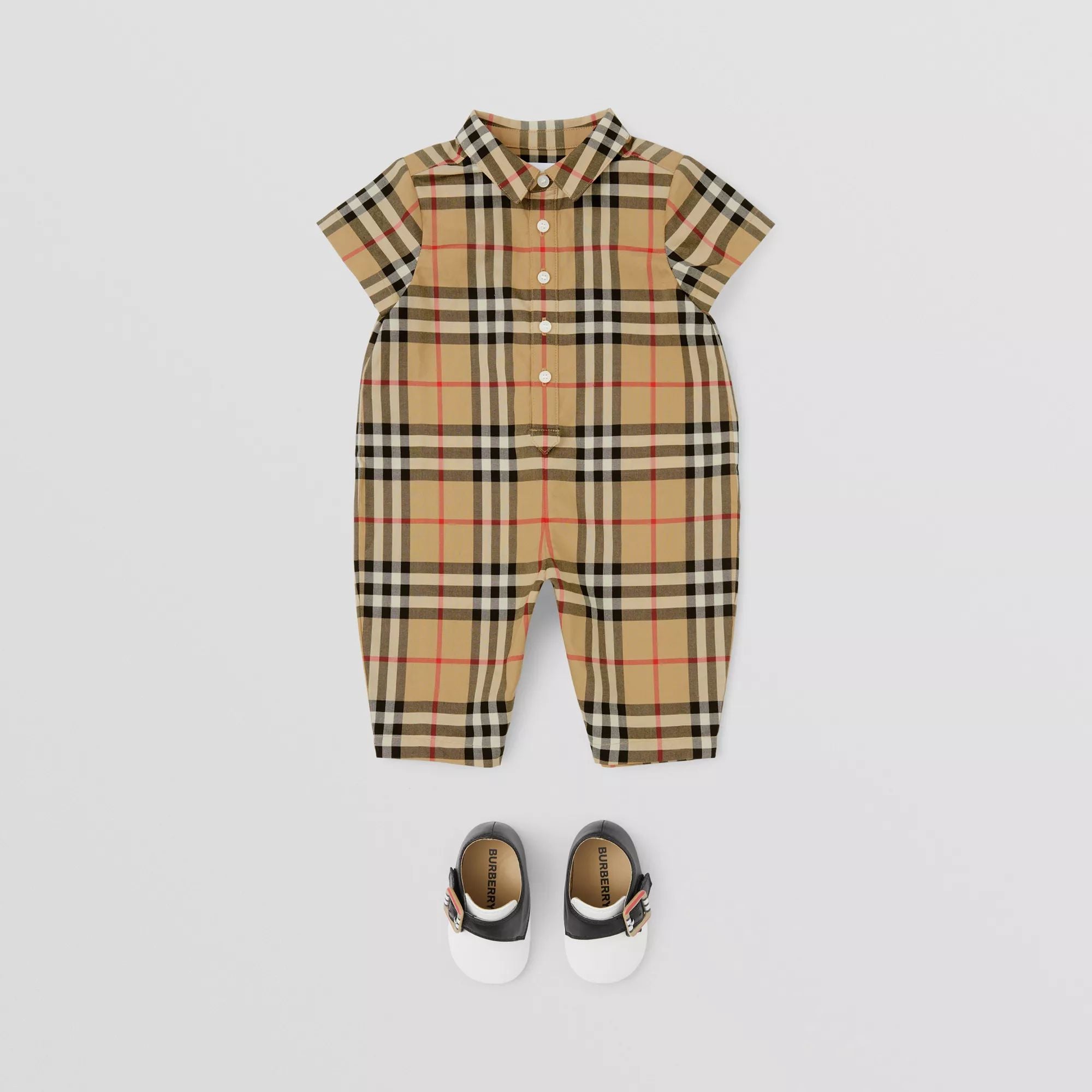 Baby Boys & Girls Beige Check Cotton Babysuit