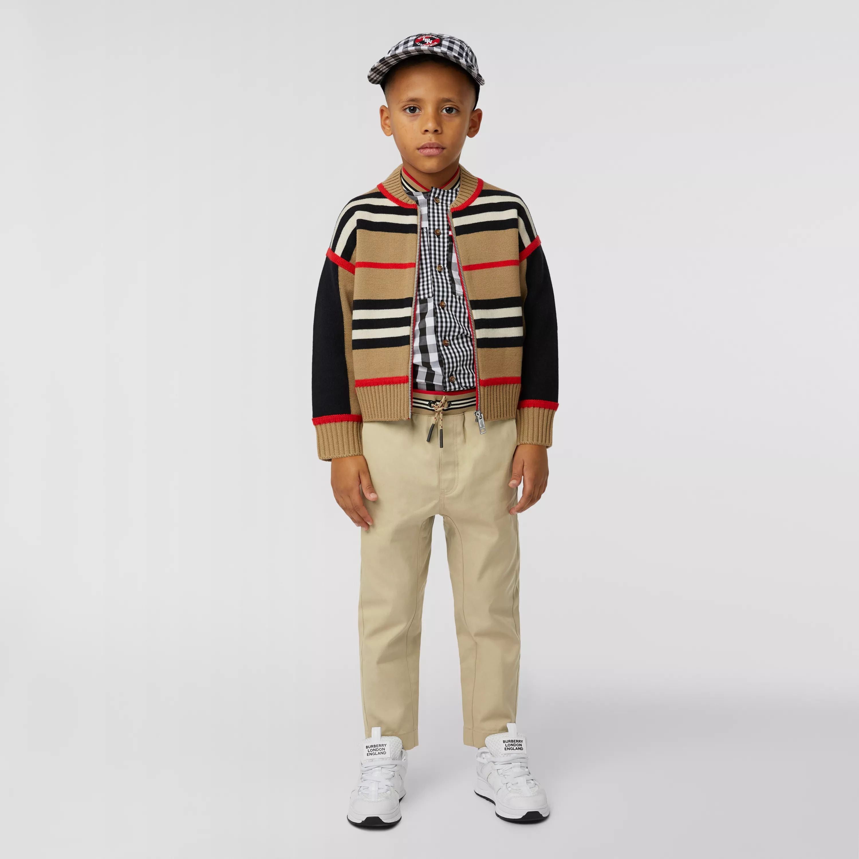 Boys Beige Stripes Wool Cardigan