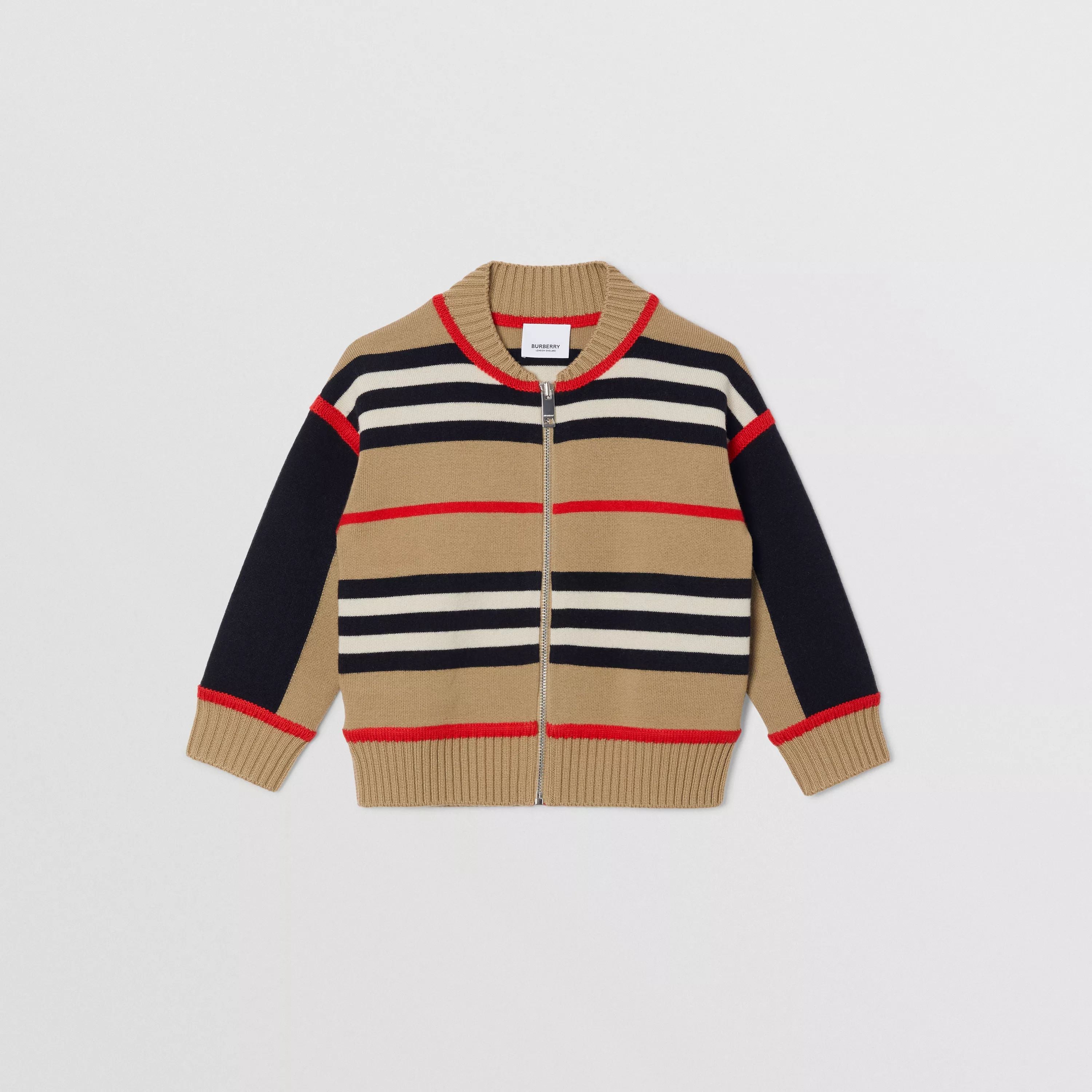 Boys Beige Stripes Wool Cardigan