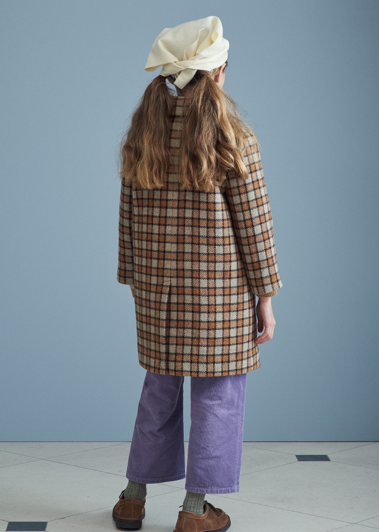 Girls Brown Check Wool Coat