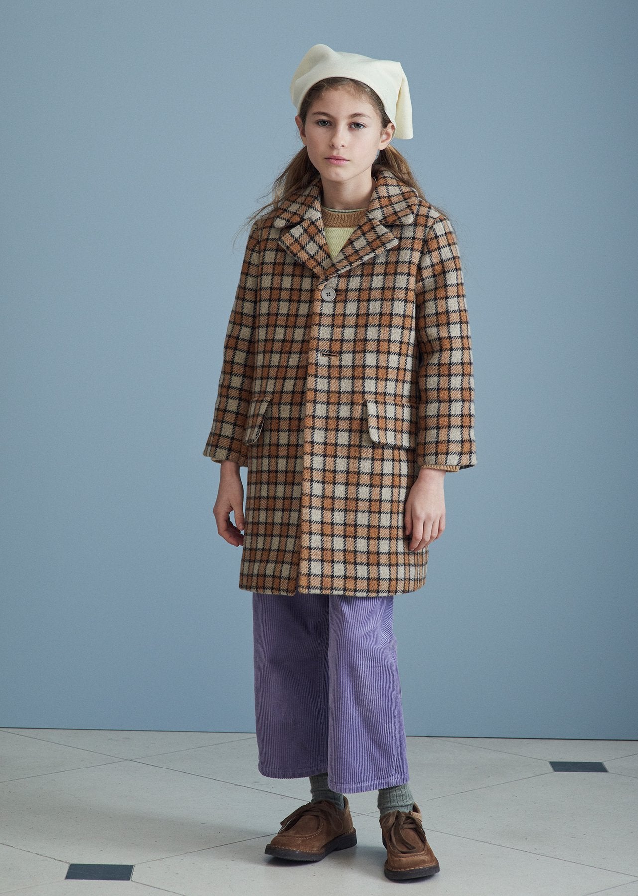 Girls Brown Check Wool Coat