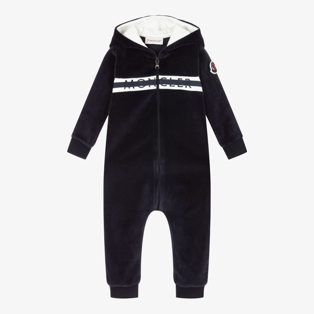 Baby Boys Navy Velour Logo Babysuit