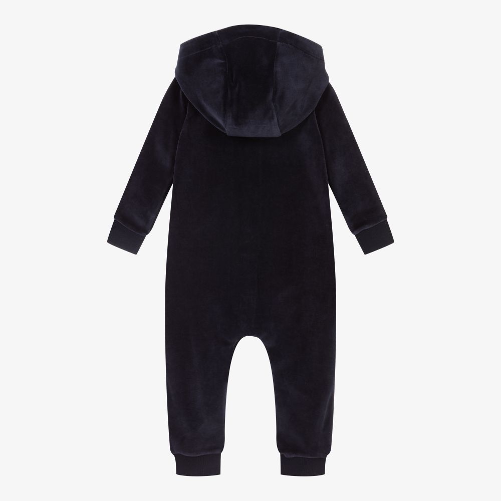 Baby Boys Navy Velour Logo Babysuit