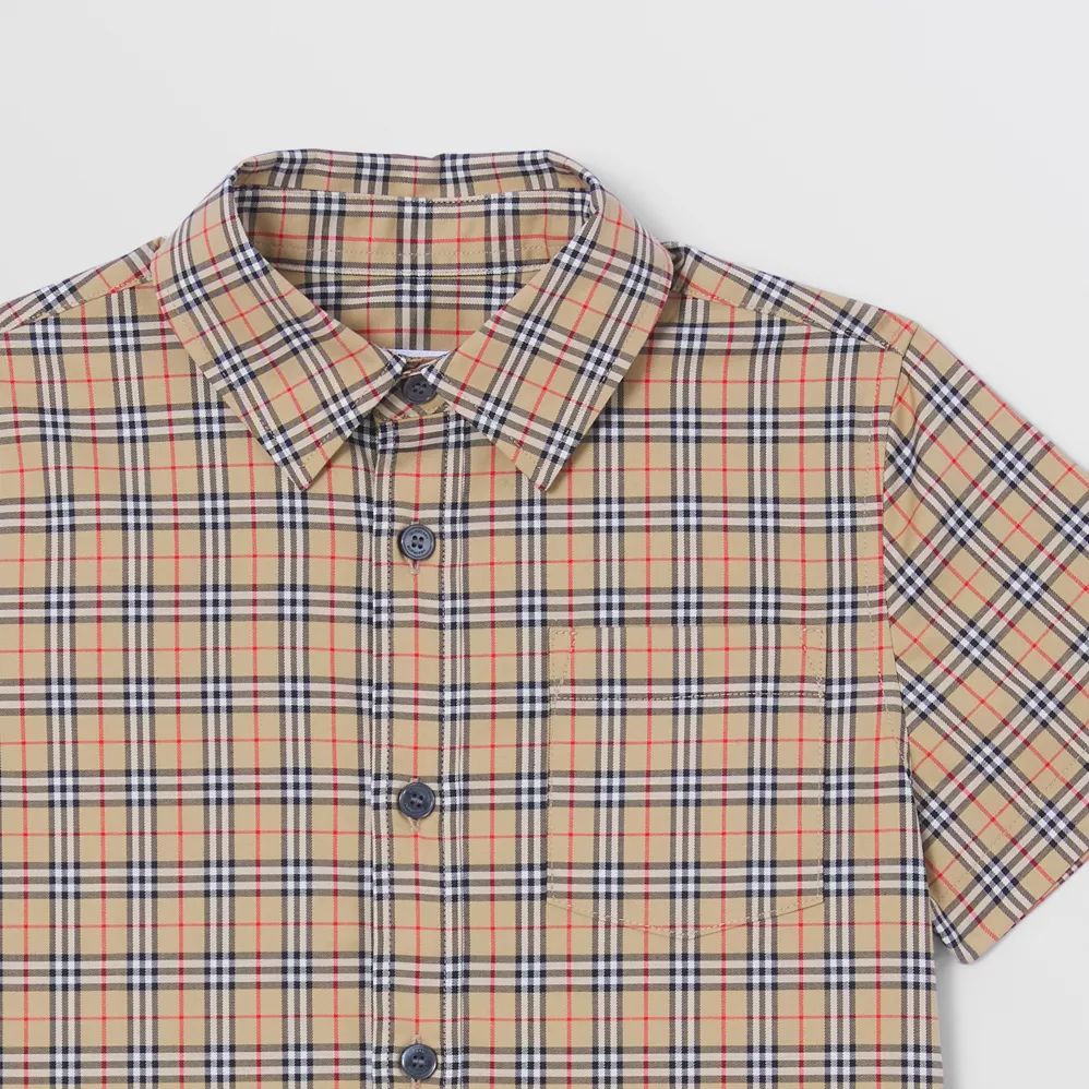 Boys Beige Check Cotton Short Sleeve Shirt