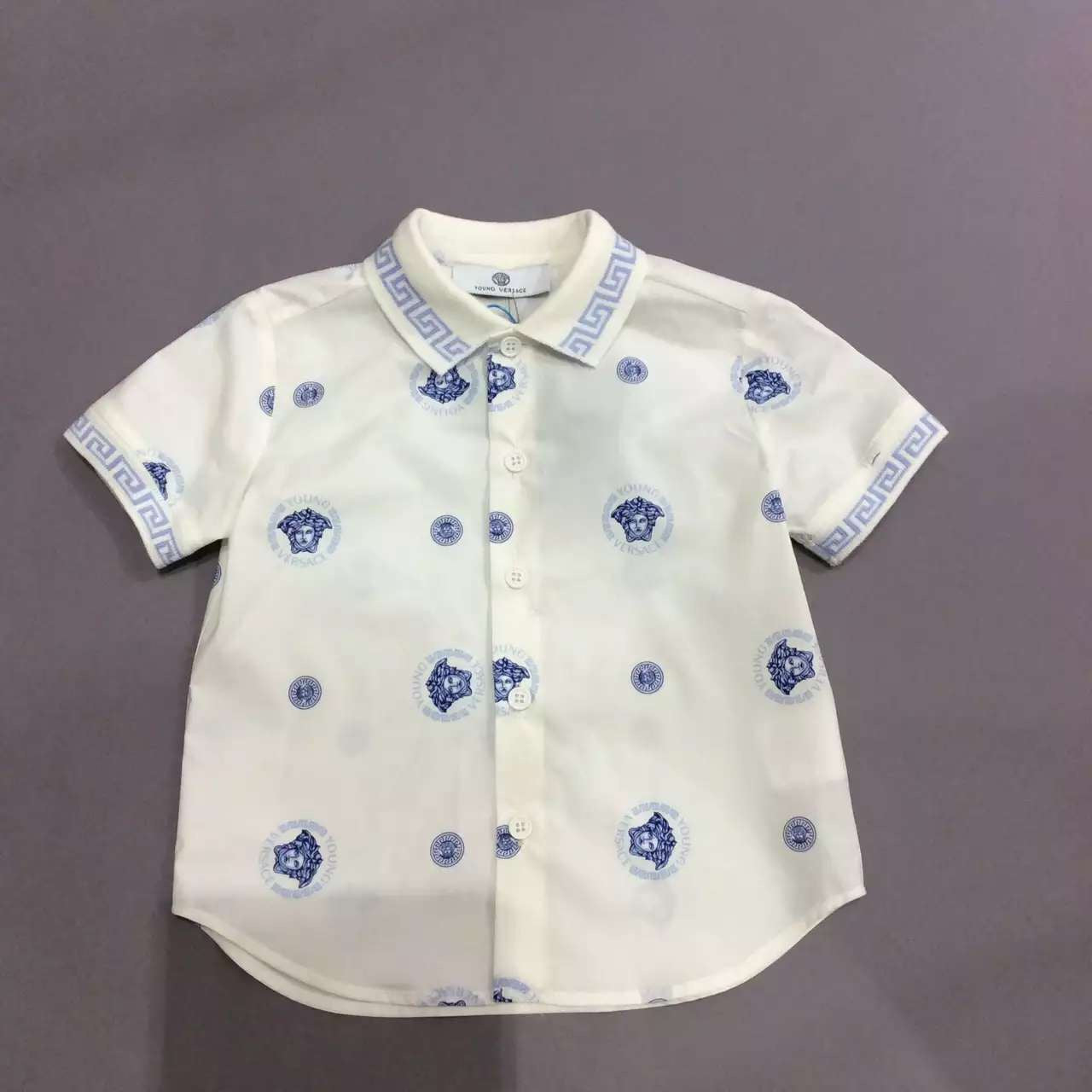 Baby Boys White Cotton Shirts With Light Blue Medusa Print - CÉMAROSE | Children's Fashion Store