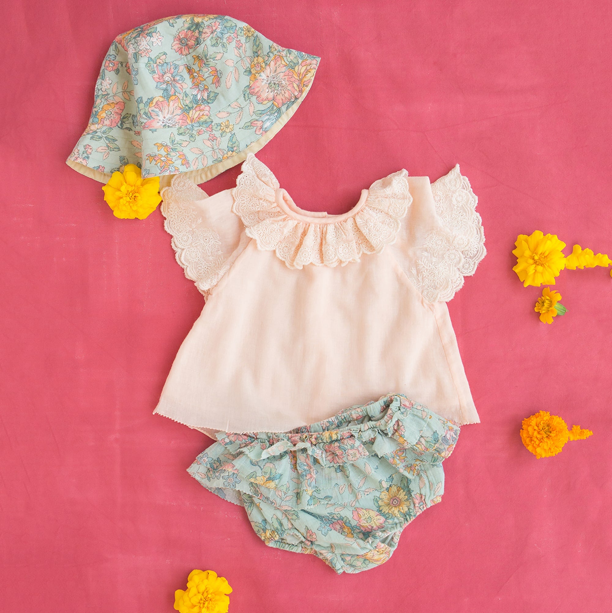 Girls Green Floral Cotton Hat