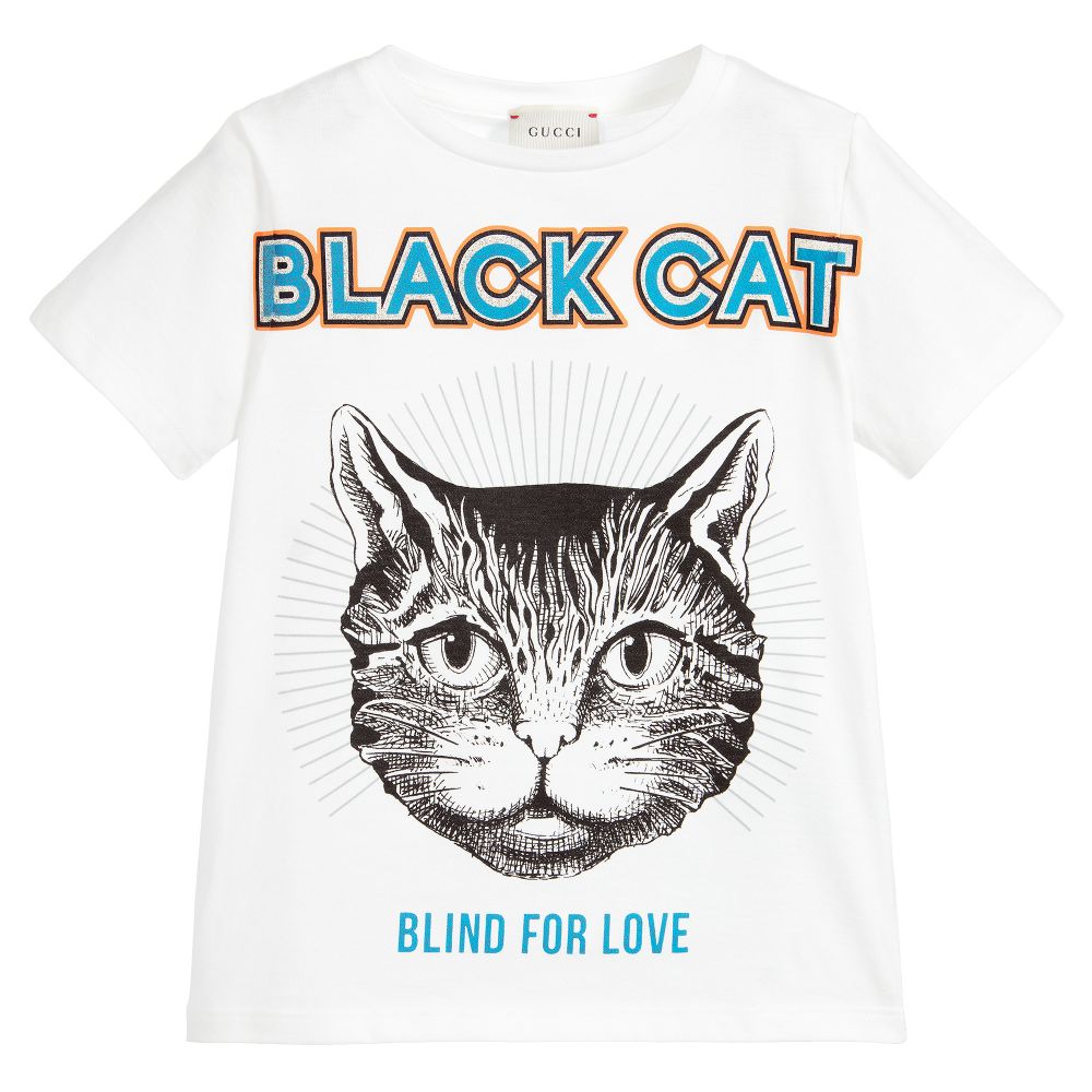 Boys & Girls White "Black Cat" Cotton T-shirt