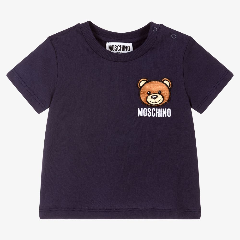 Baby Boys & Girls Navy Blue Cotton Teddy T-Shirt